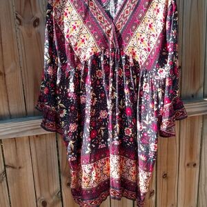 M Gigio Boho Floral Border Print Dress Ruffle Wide Sleeve Boutique Peasant Mini